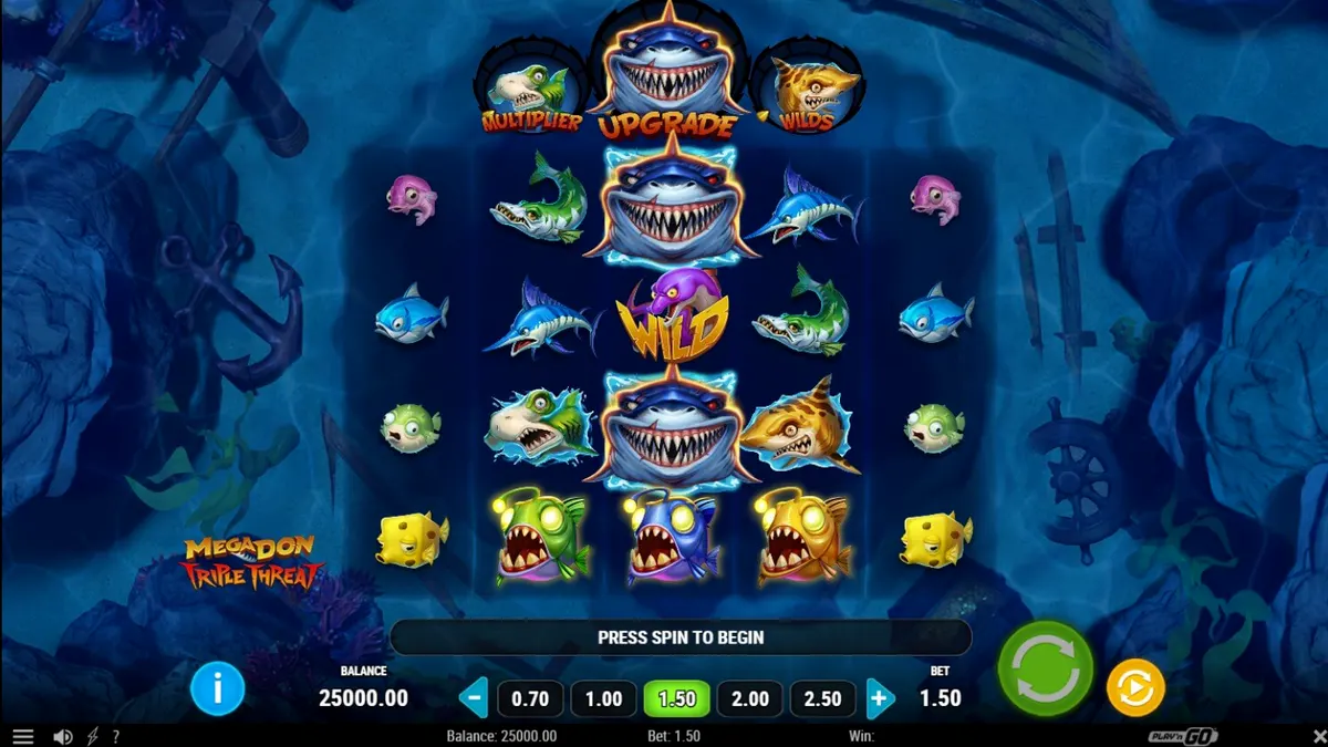 Megadon Triple Threat slot machine interface featuring sharks and deep-sea elements.